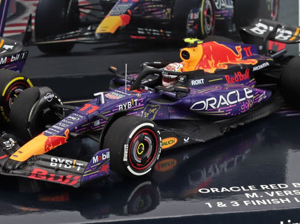 RED BULL | SET 2X F1  RB19 TEAM ORACLE RED BULL RACING N 1 WORLD CHAMPION WINNER LAS VEGAS USA GP 2023 MAX VERSTAPPEN + N 11 3rd LAS VEGAS USA GP 2023 SERGIO PEREZ | PURPLE YELLOW RED