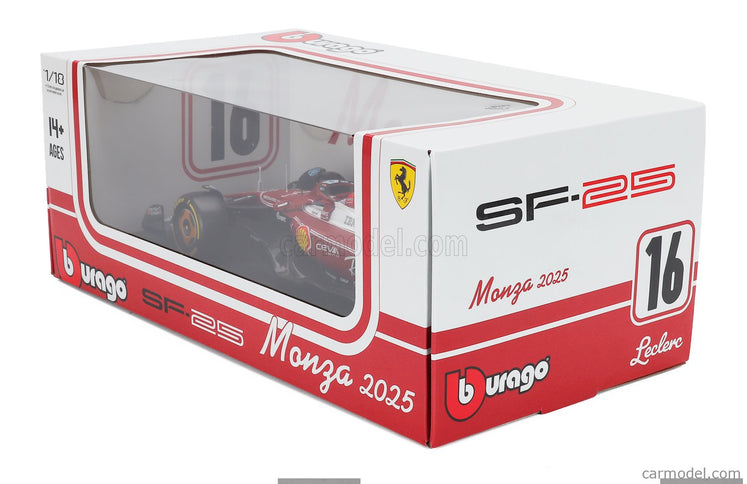 Ferrari F1 SF-25 Team Scuderia Ferrari HP N°16 Monza Italy GP 2025 Charles Leclerc - Niki Lauda 50th Anniversary Majster Sveta 1:18 Bburago červená biela
