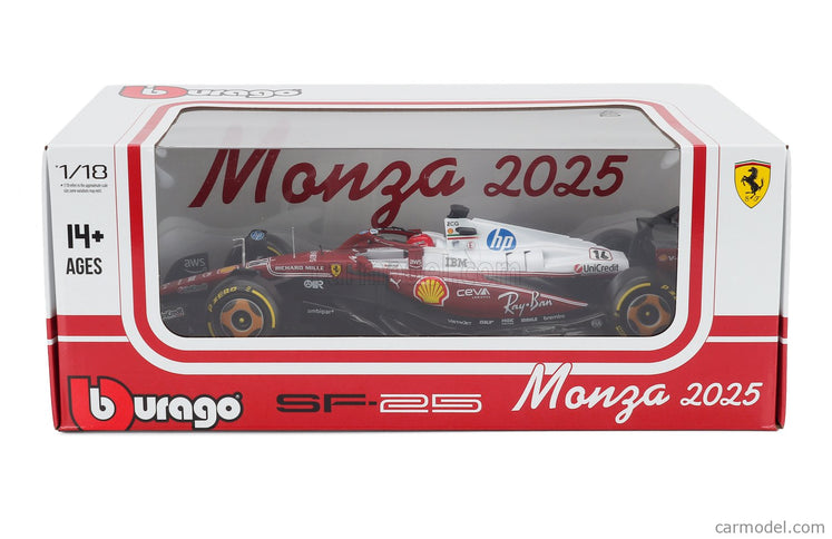 Ferrari F1 SF-25 Team Scuderia Ferrari HP N°16 Monza Italy GP 2025 Charles Leclerc - Niki Lauda 50th Anniversary Majster Sveta 1:18 Bburago červená biela