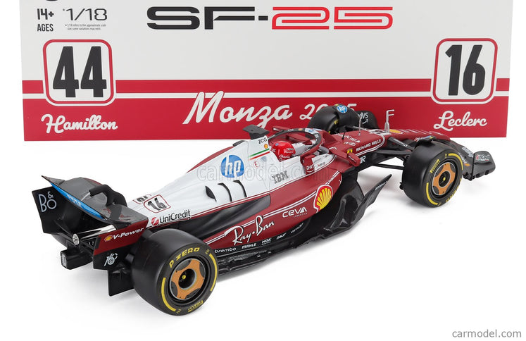 Ferrari F1 SF-25 Team Scuderia Ferrari HP N°16 Monza Italy GP 2025 Charles Leclerc - Niki Lauda 50th Anniversary Majster Sveta 1:18 Bburago červená biela