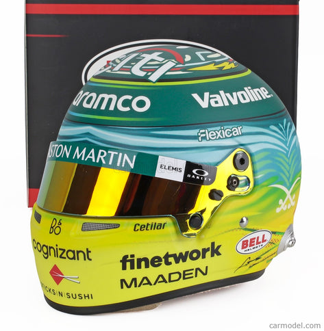Bell Helmet Helma F1 Fernando Alonso Team Aston Martin Aramco Cognizant N°14 Saudi Arabian GP 2025 1:2 Mini Helmet zelená žltá