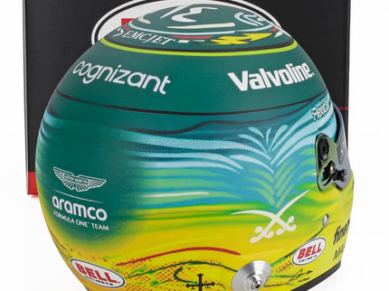 Bell Helmet Helma F1 Fernando Alonso Team Aston Martin Aramco Cognizant N°14 Saudi Arabian GP 2025 1:2 Mini Helmet zelená žltá