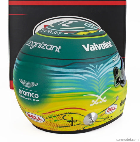 Bell Helmet Helma F1 Fernando Alonso Team Aston Martin Aramco Cognizant N°14 Saudi Arabian GP 2025 1:2 Mini Helmet zelená žltá
