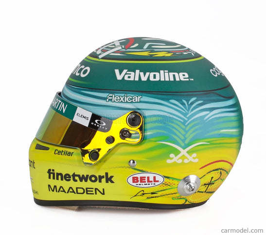 Bell Helmet Helma F1 Fernando Alonso Team Aston Martin Aramco Cognizant N°14 Saudi Arabian GP 2025 1:2 Mini Helmet zelená žltá