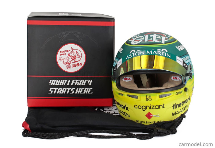 Bell Helmet Helma F1 Fernando Alonso Team Aston Martin Aramco Cognizant N°14 Saudi Arabian GP 2025 1:2 Mini Helmet zelená žltá