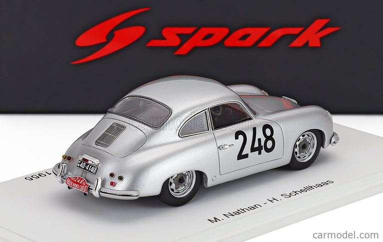 Porsche 356 1500 Coupe N°248 Rally Montecarlo 1955 Max Nathan - Heinz Schellhaas 1:43 Spark Model strieborná