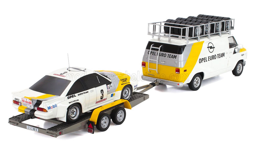 CHEVROLET | RALLY SET - G30 VAN ASSISTANCE TEAM OPEL EURO 1986 WITH TRAILER + OPEL MANTA 400 Gr.B N 3 RALLY TOUR DE CORSE 1984 GUY FREQUELIN - CHRISTIAN TILBER GILBERT | WHITE YELLOW GREY