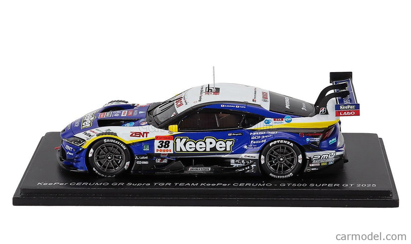 Toyota Supra GR Team Keeper Cerumo N°38 GT500 Class Super GT 2025 Hiroaki Ishiura - Toshiki Oyu 1:43 Spark Model modrá čierna biela