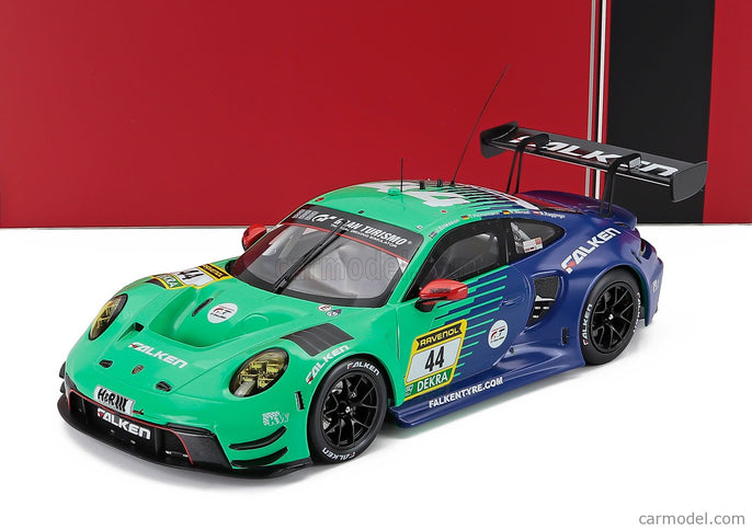 Porsche 911 992 GT3 R Team Falken Motorsports N°44 24h Nurburgring 2024 Joel Eriksson - Tim Heinemann - Nico Menzel - Martin Ragginger 1:18 IXO Models svetlozelená modrá