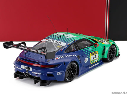 Porsche 911 992 GT3 R Team Falken Motorsports N°44 24h Nurburgring 2024 Joel Eriksson - Tim Heinemann - Nico Menzel - Martin Ragginger 1:18 IXO Models svetlozelená modrá