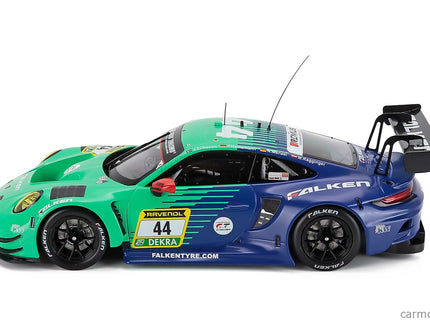 Porsche 911 992 GT3 R Team Falken Motorsports N°44 24h Nurburgring 2024 Joel Eriksson - Tim Heinemann - Nico Menzel - Martin Ragginger 1:18 IXO Models svetlozelená modrá