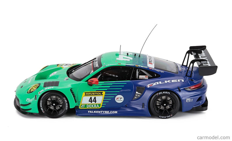 Porsche 911 992 GT3 R Team Falken Motorsports N°44 24h Nurburgring 2024 Joel Eriksson - Tim Heinemann - Nico Menzel - Martin Ragginger 1:18 IXO Models svetlozelená modrá