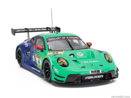 Porsche 911 992 GT3 R Team Falken Motorsports N°44 24h Nurburgring 2024 Joel Eriksson - Tim Heinemann - Nico Menzel - Martin Ragginger 1:18 IXO Models svetlozelená modrá