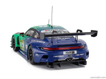 Porsche 911 992 GT3 R Team Falken Motorsports N°44 24h Nurburgring 2024 Joel Eriksson - Tim Heinemann - Nico Menzel - Martin Ragginger 1:18 IXO Models svetlozelená modrá