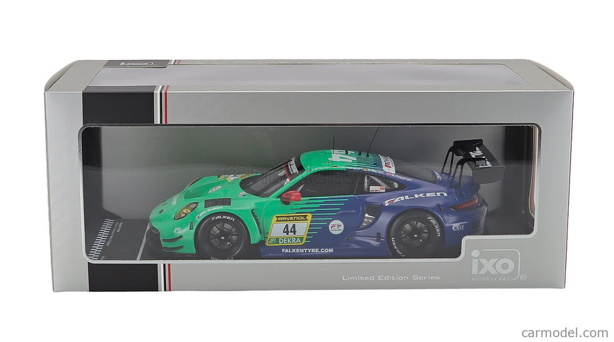 Porsche 911 992 GT3 R Team Falken Motorsports N°44 24h Nurburgring 2024 Joel Eriksson - Tim Heinemann - Nico Menzel - Martin Ragginger 1:18 IXO Models svetlozelená modrá