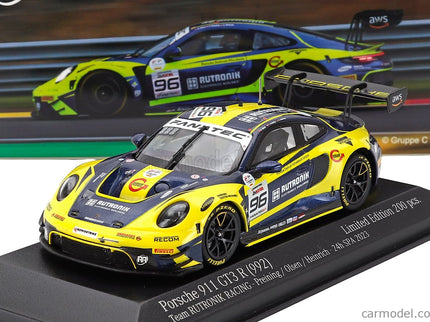 Porsche 911 992 GT3 R Team Rutronik Racing N°96 5. Miesto 24h Spa 2023 Thomas Preining - Laurent Heinrich - Dennis Olsen 1:43 Minichamps žltá modrá