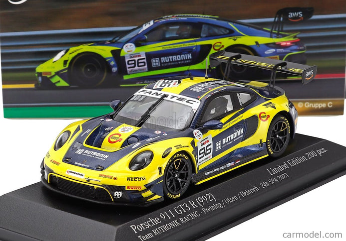 Porsche 911 992 GT3 R Team Rutronik Racing N°96 5. Miesto 24h Spa 2023 Thomas Preining - Laurent Heinrich - Dennis Olsen 1:43 Minichamps žltá modrá