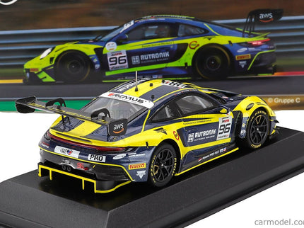 Porsche 911 992 GT3 R Team Rutronik Racing N°96 5. Miesto 24h Spa 2023 Thomas Preining - Laurent Heinrich - Dennis Olsen 1:43 Minichamps žltá modrá