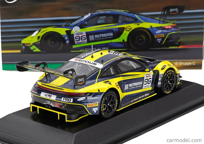 Porsche 911 992 GT3 R Team Rutronik Racing N°96 5. Miesto 24h Spa 2023 Thomas Preining - Laurent Heinrich - Dennis Olsen 1:43 Minichamps žltá modrá