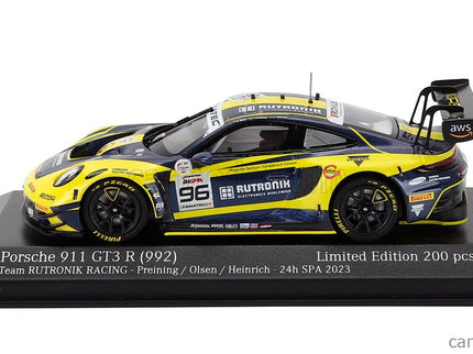 Porsche 911 992 GT3 R Team Rutronik Racing N°96 5. Miesto 24h Spa 2023 Thomas Preining - Laurent Heinrich - Dennis Olsen 1:43 Minichamps žltá modrá