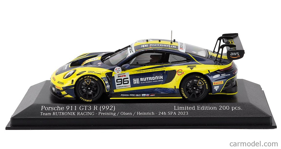 Porsche 911 992 GT3 R Team Rutronik Racing N°96 5. Miesto 24h Spa 2023 Thomas Preining - Laurent Heinrich - Dennis Olsen 1:43 Minichamps žltá modrá