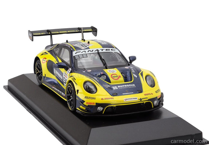Porsche 911 992 GT3 R Team Rutronik Racing N°96 5. Miesto 24h Spa 2023 Thomas Preining - Laurent Heinrich - Dennis Olsen 1:43 Minichamps žltá modrá