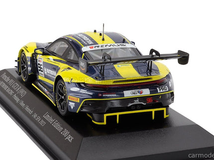 Porsche 911 992 GT3 R Team Rutronik Racing N°96 5. Miesto 24h Spa 2023 Thomas Preining - Laurent Heinrich - Dennis Olsen 1:43 Minichamps žltá modrá