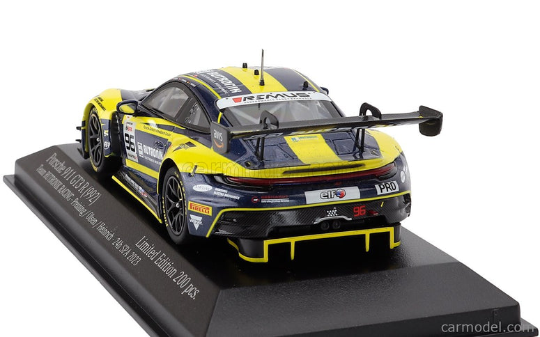 Porsche 911 992 GT3 R Team Rutronik Racing N°96 5. Miesto 24h Spa 2023 Thomas Preining - Laurent Heinrich - Dennis Olsen 1:43 Minichamps žltá modrá