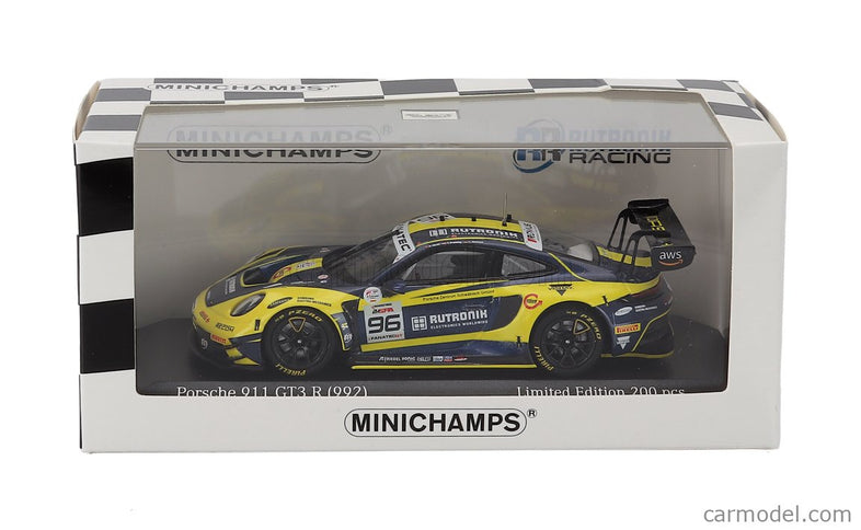 Porsche 911 992 GT3 R Team Rutronik Racing N°96 5. Miesto 24h Spa 2023 Thomas Preining - Laurent Heinrich - Dennis Olsen 1:43 Minichamps žltá modrá
