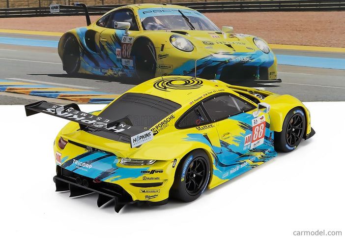Porsche 911 991 RSR-19 4.2L Team Dempsey Proton Racing N°88 24h Le Mans 2022 Fred Poordad - Maxwell Root - Jan Heylen 1:18 IXO Models žltá svetlomodrá