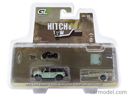 Ford Bronco Black Diamond With Trailer + Motorcycle 2021 1:64 Greenlight svetlozelená čierna