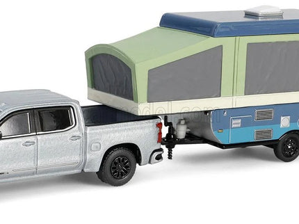 Chevrolet Silverado Pick-UP With Trailer + Pop-UP Camper 2024 1:64 Greenlight Very svetlozelená metalická