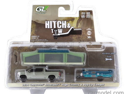 Chevrolet Silverado Pick-UP With Trailer + Pop-UP Camper 2024 1:64 Greenlight Very svetlozelená metalická
