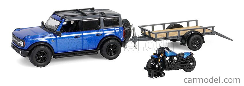 Ford Bronco Black Diamond With Trailer + Motorcycle 2021 1:64 Greenlight modrá čierna