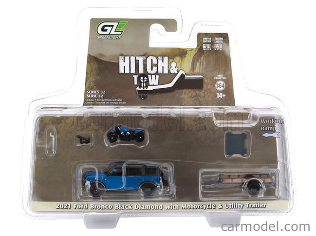 Ford Bronco Black Diamond With Trailer + Motorcycle 2021 1:64 Greenlight modrá čierna