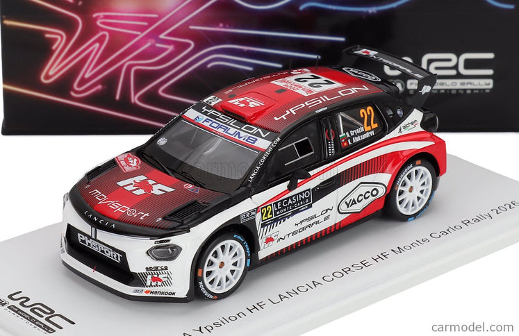 Lancia Ypsilon HF Integrale RALLY2 Team HF Corse N°22 Rally Montecarlo 2026 Nikolay Gryazin - Konstantin Aleksandrov 1:43 Spark Model biela čierna červená