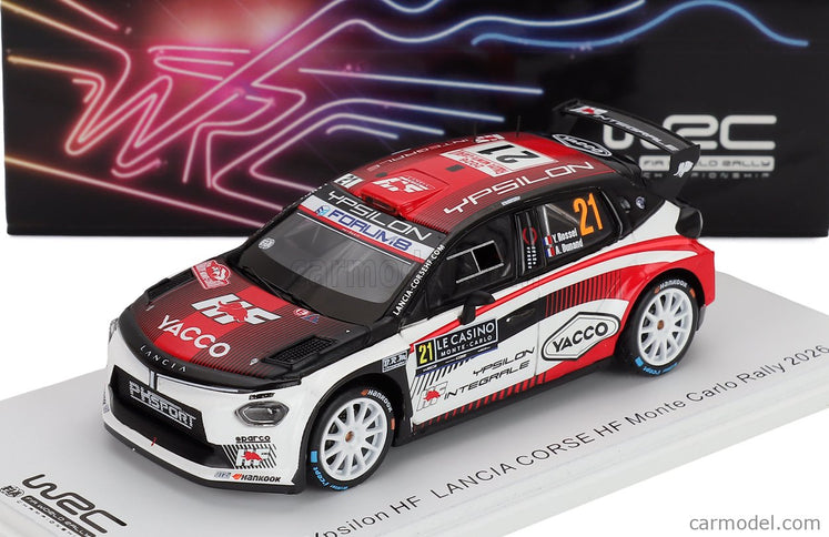 Lancia Ypsilon HF Integrale RALLY2 Team HF Corse N°21 Rally Montecarlo 2026 Yohan Rossel - Arnaud Dunand 1:43 Spark Model biela čierna červená