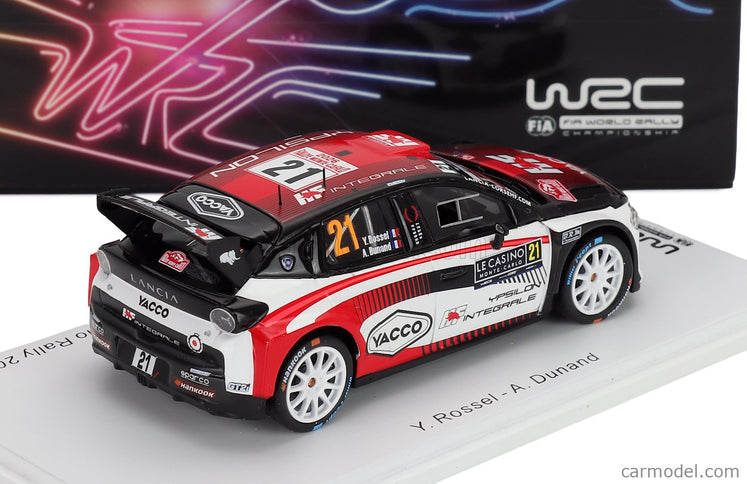 Lancia Ypsilon HF Integrale RALLY2 Team HF Corse N°21 Rally Montecarlo 2026 Yohan Rossel - Arnaud Dunand 1:43 Spark Model biela čierna červená