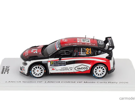 Lancia Ypsilon HF Integrale RALLY2 Team HF Corse N°21 Rally Montecarlo 2026 Yohan Rossel - Arnaud Dunand 1:43 Spark Model biela čierna červená