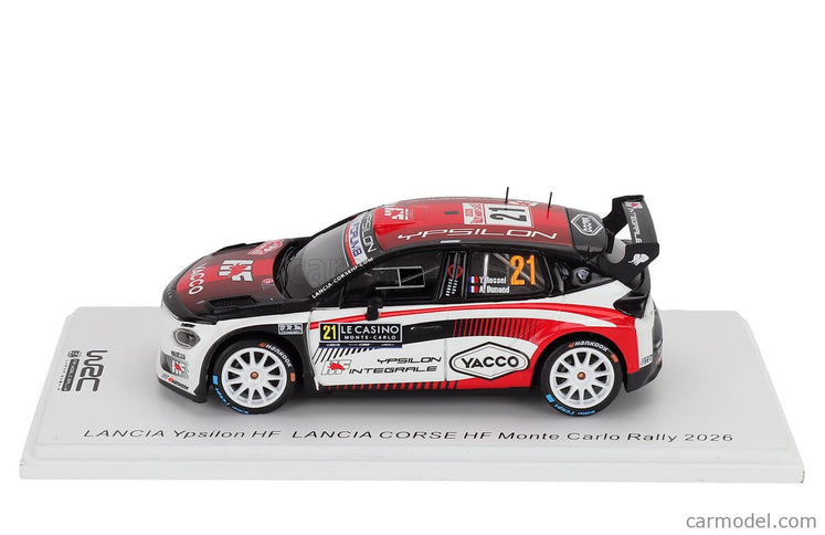 Lancia Ypsilon HF Integrale RALLY2 Team HF Corse N°21 Rally Montecarlo 2026 Yohan Rossel - Arnaud Dunand 1:43 Spark Model biela čierna červená