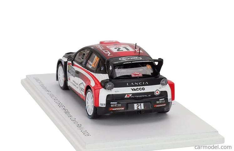 Lancia Ypsilon HF Integrale RALLY2 Team HF Corse N°21 Rally Montecarlo 2026 Yohan Rossel - Arnaud Dunand 1:43 Spark Model biela čierna červená