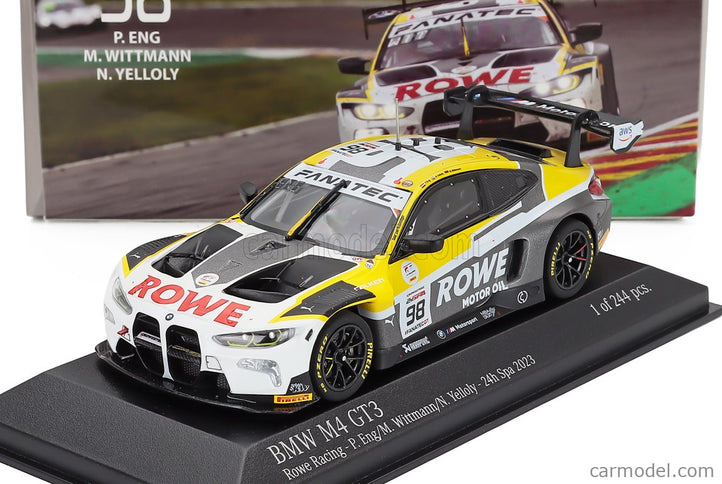BMW 4-SERIES M4 GT3 Team Rowe Racing N°98 Víťaz 24h Spa 2023 Philipp Eng - Marco Wittmann - Nick Yelloly 1:43 Minichamps biela sivá žltá
