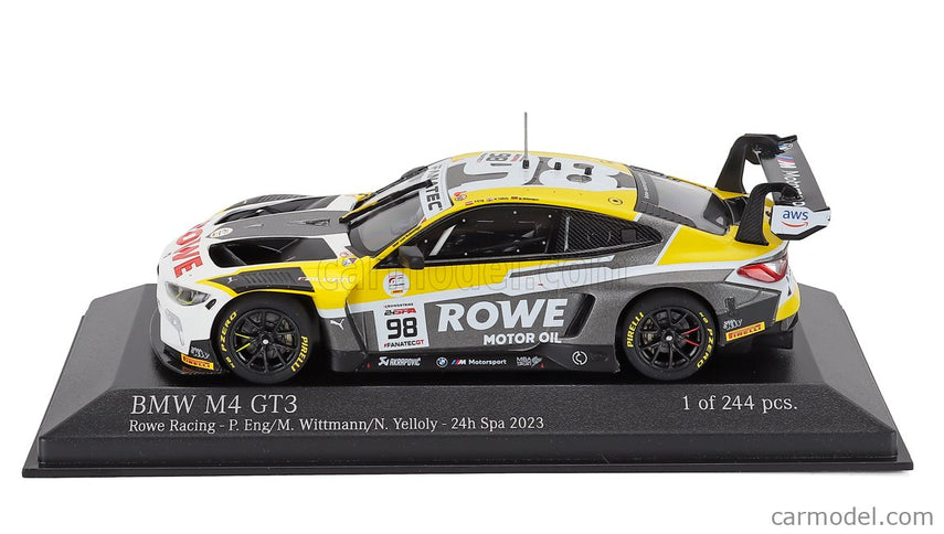 BMW 4-SERIES M4 GT3 Team Rowe Racing N°98 Víťaz 24h Spa 2023 Philipp Eng - Marco Wittmann - Nick Yelloly 1:43 Minichamps biela sivá žltá