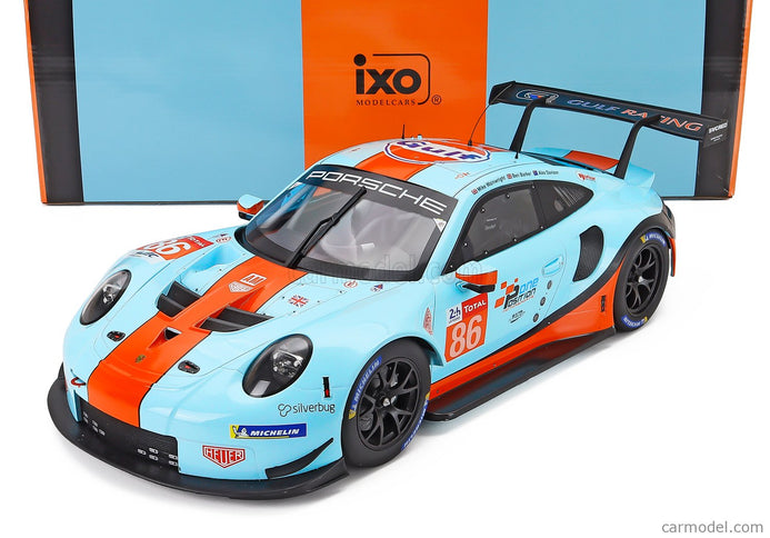 Porsche 911 991 RSR 4.0L Team Gulf Racing N°86 24h Le Mans 2018 Michael Wainwright - Ben Barker - Alex Davison 1:12 IXO Models svetlomodrá oranžová