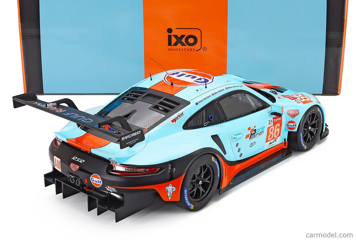 Porsche 911 991 RSR 4.0L Team Gulf Racing N°86 24h Le Mans 2018 Michael Wainwright - Ben Barker - Alex Davison 1:12 IXO Models svetlomodrá oranžová