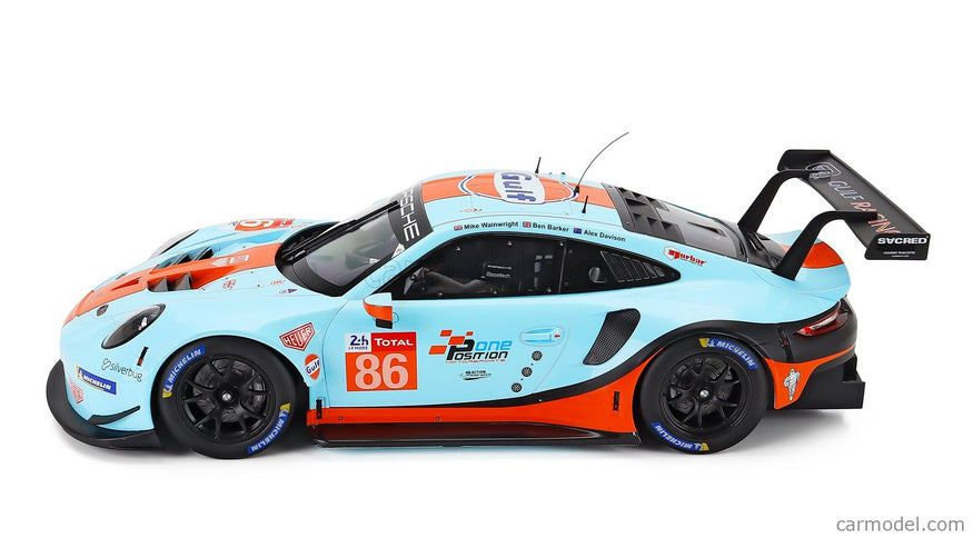 Porsche 911 991 RSR 4.0L Team Gulf Racing N°86 24h Le Mans 2018 Michael Wainwright - Ben Barker - Alex Davison 1:12 IXO Models svetlomodrá oranžová
