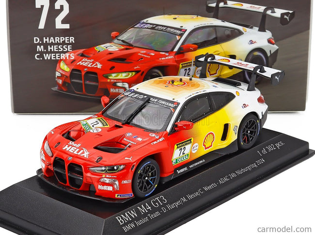 BMW 4-SERIES M4 GT3 3.0L Twin Turbo Team Bmw Rmg N°72 3. Miesto 24h Nurburgring 2024 Dan Harper - Max Hesse - Charles Weerts 1:43 Minichamps červená žltá biela
