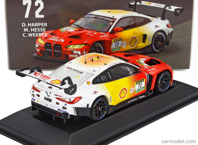 BMW 4-SERIES M4 GT3 3.0L Twin Turbo Team Bmw Rmg N°72 3. Miesto 24h Nurburgring 2024 Dan Harper - Max Hesse - Charles Weerts 1:43 Minichamps červená žltá biela