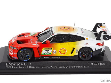 BMW 4-SERIES M4 GT3 3.0L Twin Turbo Team Bmw Rmg N°72 3. Miesto 24h Nurburgring 2024 Dan Harper - Max Hesse - Charles Weerts 1:43 Minichamps červená žltá biela