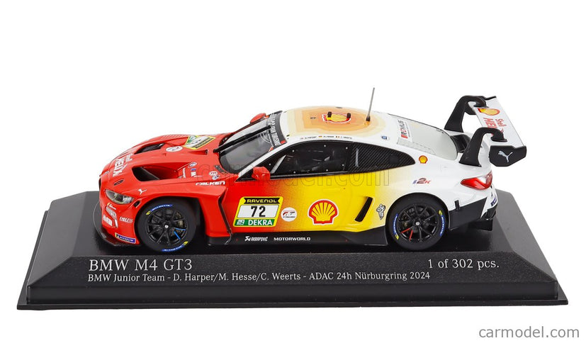 BMW 4-SERIES M4 GT3 3.0L Twin Turbo Team Bmw Rmg N°72 3. Miesto 24h Nurburgring 2024 Dan Harper - Max Hesse - Charles Weerts 1:43 Minichamps červená žltá biela